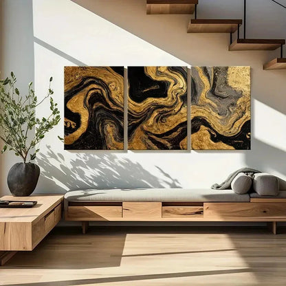 3pcs Modern Abstract Golden Black Swirls Art Metal Print Ready to Hang Art - Bella Home Decor