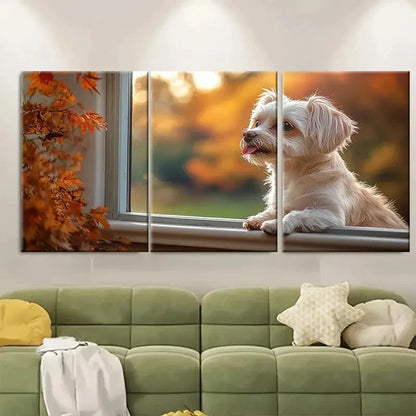 3pcs Cute White Dog Licking Window d   Wall Art Set Canvas Framed 50x70cm - High Quality Print 100% Australian Made Wall Canvas Ready to Hang - Bella Home Decor