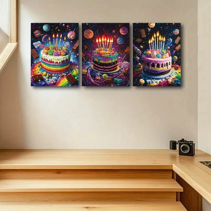 3pcs Colorful Birthday Cake with Candles Design Metal Print Ready to Hang Art