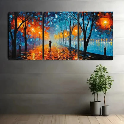 3pcs Orange Street Lamps Urban Night Wall Art Set Canvas Unframed - High Quality Print 100% Australian Made Wall Canvas