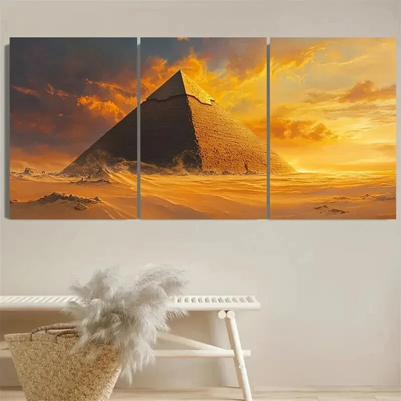 3pcs Vibrant Pyramid Sands of Egypt Metal Print Ready to Hang Art - Bella Home Decor