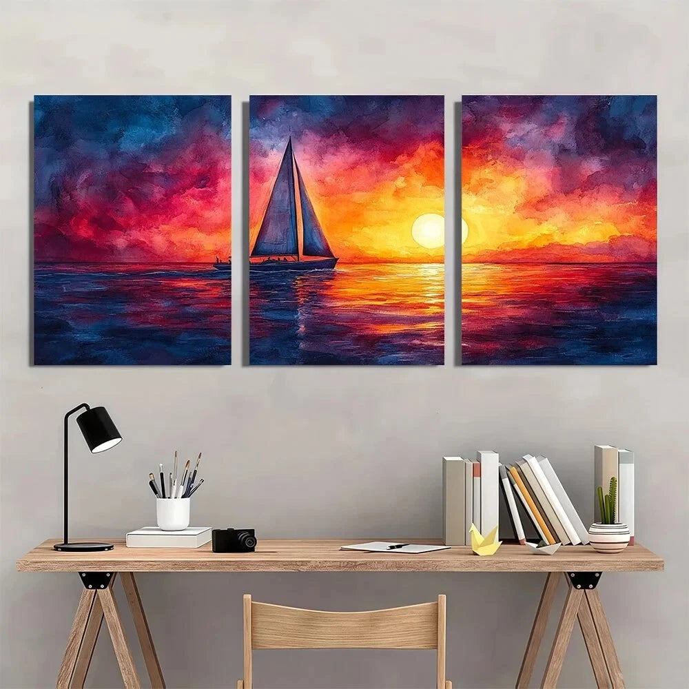 3pcs Sailboat Sunset Nautical Ocean Metal Print Ready to Hang Art - Bella Home Decor