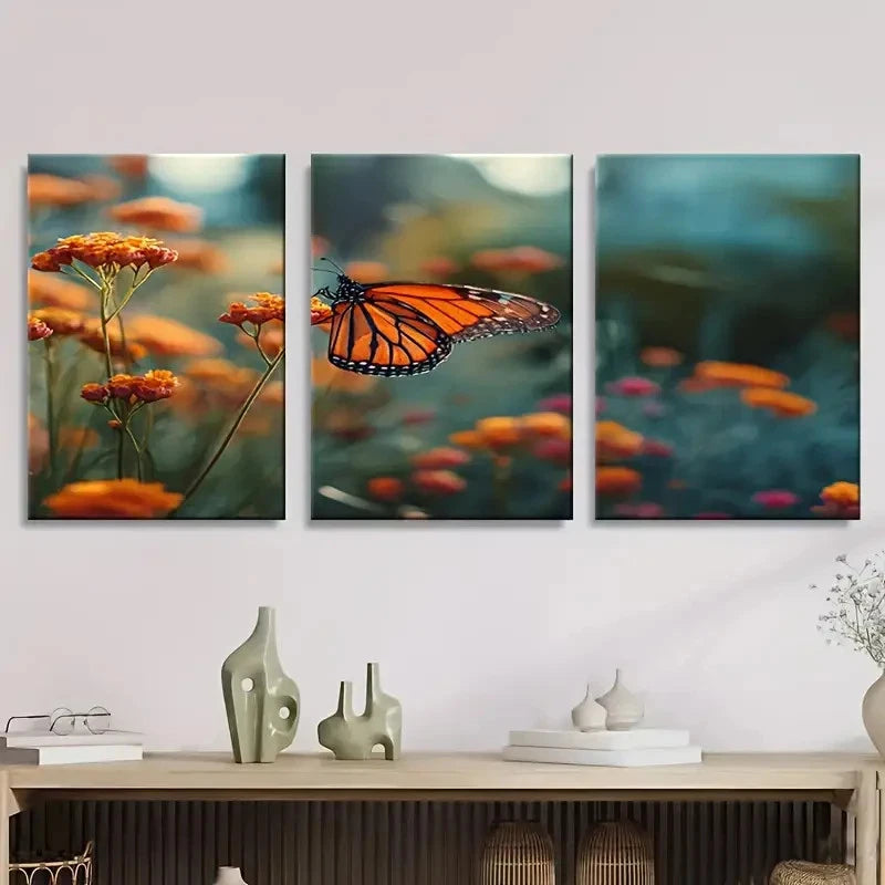 3pcs Orange Monarch Butterfly in a Flower Wall Art Set Canvas Framed 60x90cm - High Quality Print 100% Australian Made Wall Canvas Ready to Hang
