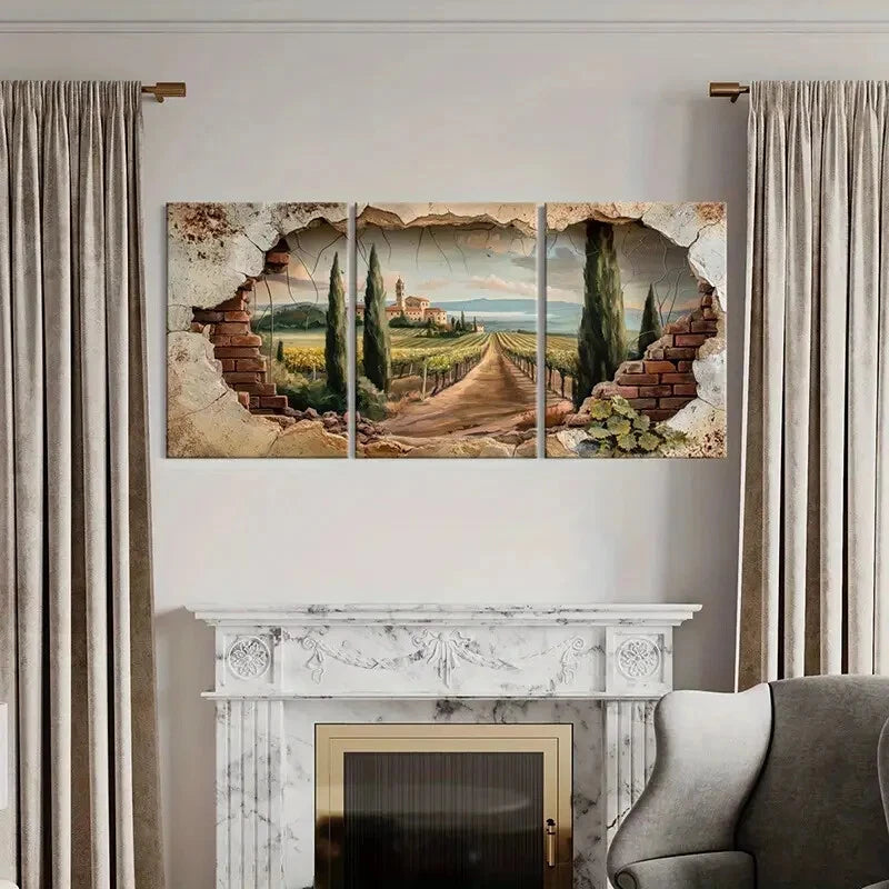 3pcs Tuscany Landscape Vineyard Path Cypress Metal Print Ready to Hang Art - Bella Home Decor
