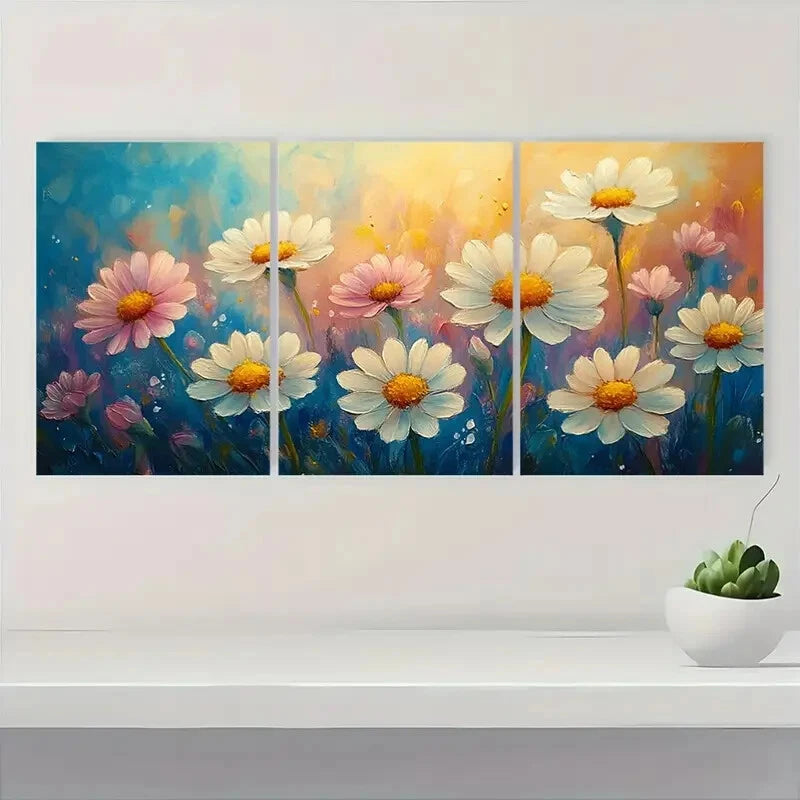 3pcs Vibrant Wildflower Designs in Blue Yellow Metal Print Ready to Hang Art - Bella Home Decor
