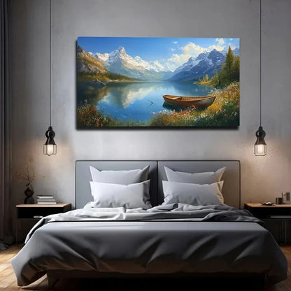 Serene Mountain Lake Scene Wall Art Canvas Office Home Room Framed 120x60cm