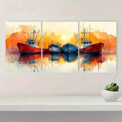 3pcs Watercolor Sailboats & Fishing Boats Metal Print Ready to Hang Art
