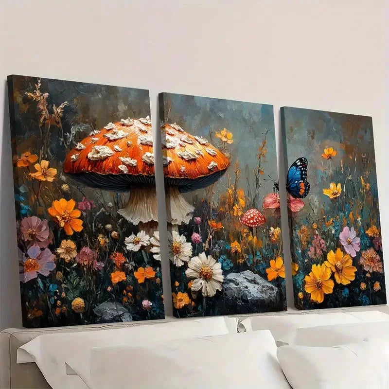 3pcs Mushroom Painting Butterfly   EW Wall Art Set Canvas Framed 50x70cm - High Quality Print 100% Australian Made Wall Canvas Ready to Hang