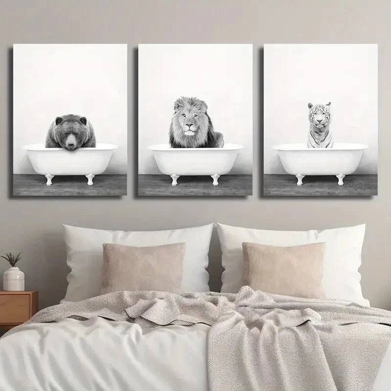 3pcs Vintage Black White Bear Lion Tiger Perfect Wall Art Set Canvas Framed 60x90cm - High Quality Print 100% Australian Made Wall Canvas Ready to Hang - Bella Home Decor