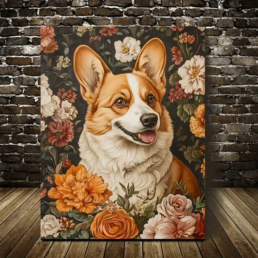 Charming Dog With Vibrant Orange Pink Painting 40x60cm Metal Print Ready to Hang - Bella Home Decor
