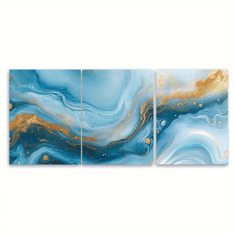 3pcs Blue Marbled Art with Golden Accents Abstract Metal Print Ready to Hang Art - Bella Home Decor