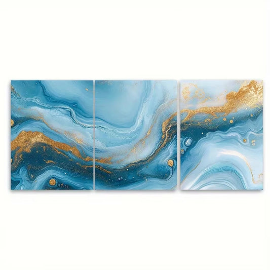 3pcs Blue Marbled Art with Golden Accents Abstract Metal Print Ready to Hang Art