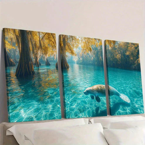 3pcs Serene Manatee Crystal Clear Waters Wall Art Set Canvas Unframed - High Quality Print 100% Australian Made Wall Canvas