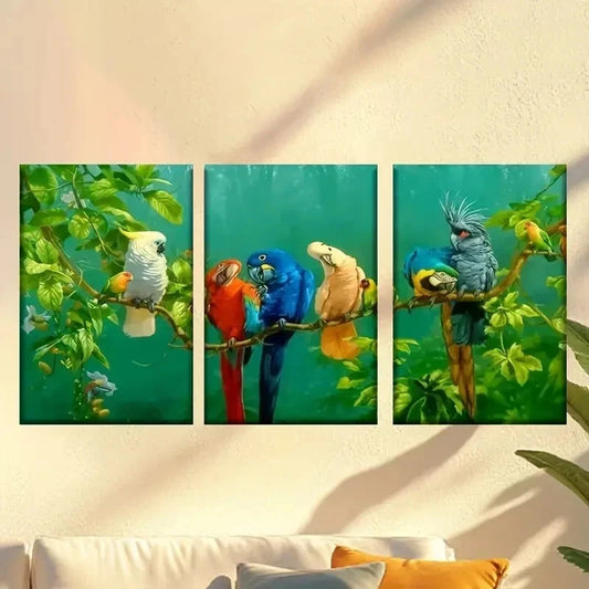 3pcs a group of birds sitting on top of a tree Wall Art Set Canvas Framed 40x60cm - High Quality Print 100% Australian Made Wall Canvas Ready to Hang