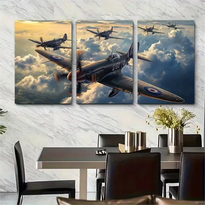 3pcs Vintage Spitfire Fighters Metal Print Ready to Hang Art