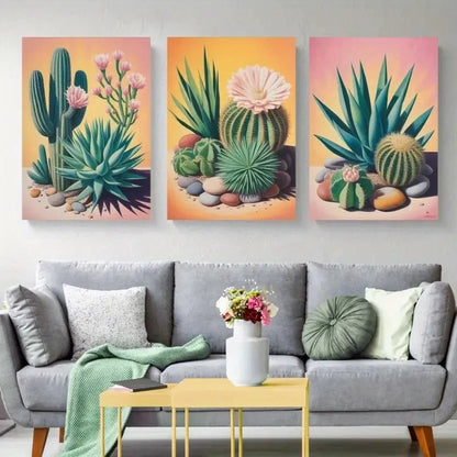 3pcs Cactus & Succulent  Prints with Pebble Wall Art Set Canvas Framed 50x70cm - High Quality Print 100% Australian Made Wall Canvas Ready to Hang - Bella Home Decor