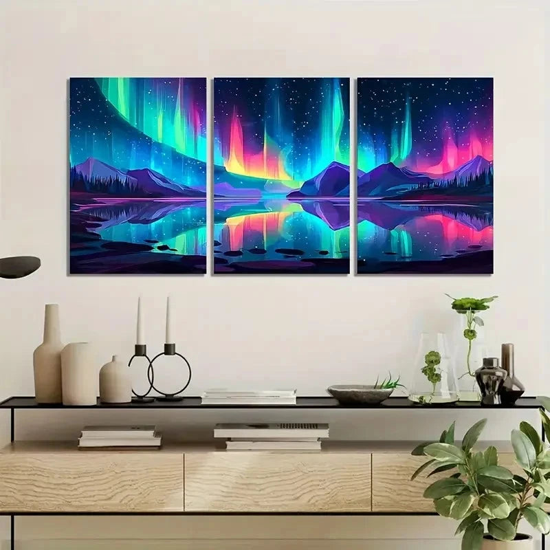 3pcs Colorful Northern Lights Landscape Metal Print Ready to Hang Art - Bella Home Decor