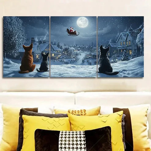 3pcs The dog looks at Santa Claus Wall Art Set Canvas Unframed - High Quality Print 100% Australian Made Wall Canvas