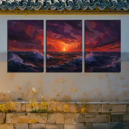 3pcs Ocean with Sunset Illustration Metal Print Ready to Hang Art - Bella Home Decor