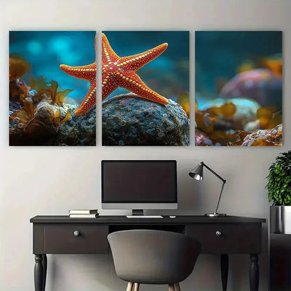 3pcs Red Starfish Detailed Marine Life Metal Print Ready to Hang Art - Bella Home Decor