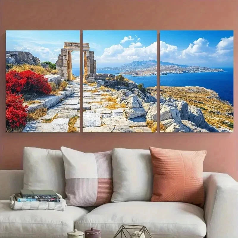 3pcs Vivid Greek Landscape with Stone Arch Metal Print Ready to Hang Art - Bella Home Decor