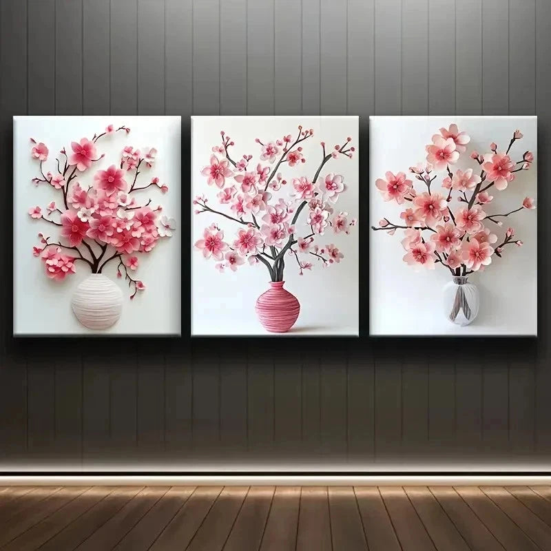 3pcs Cherry Blossom In Vase Painting Wall Art Set Canvas Framed 40x60cm - High Quality Print 100% Australian Made Wall Canvas Ready to Hang - Bella Home Decor