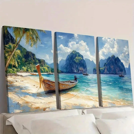 3pcs Tropical Beach Art Island Watercolor hj Wall Art Set Canvas Framed 40x60cm - High Quality Print 100% Australian Made Wall Canvas Ready to Hang
