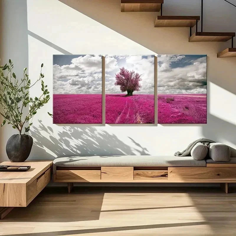3pcs Pink Flower Field and Tree Decor Wall Art Set Canvas Framed 50x70cm - High Quality Print 100% Australian Made Wall Canvas Ready to Hang