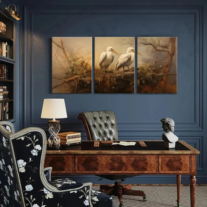 3pcs Egret Nest Tree Branches Animal Art Metal Print Ready to Hang Art - Bella Home Decor