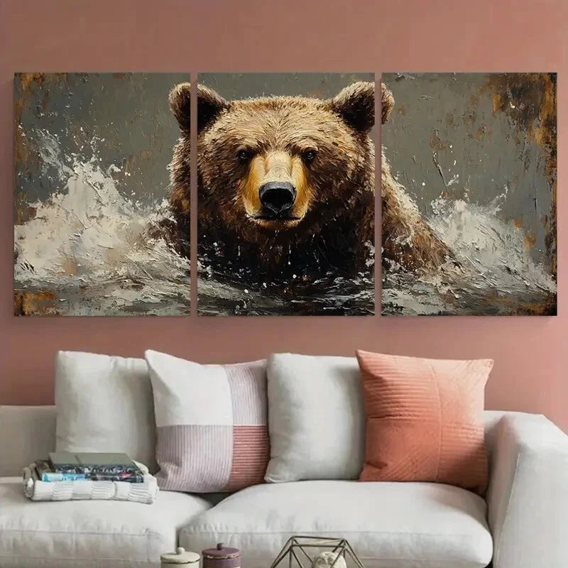 3pcs Grizzly Bear Animal Portrait Metal Print Ready to Hang Art - Bella Home Decor