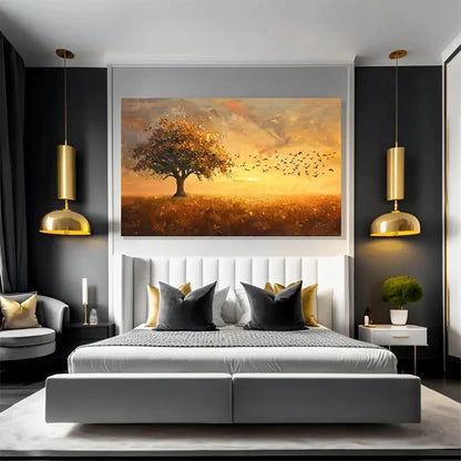 Golden Tree & Birds Sky wall canvas office home room framed 120x60cm - Bella Home Decor