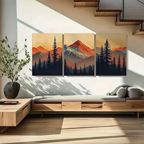 3pcs Rustic Mountain Forest at Sunset and Reeds Art Set Canvas Unframed - High Quality Print 100% Australian Made Wall Canvas