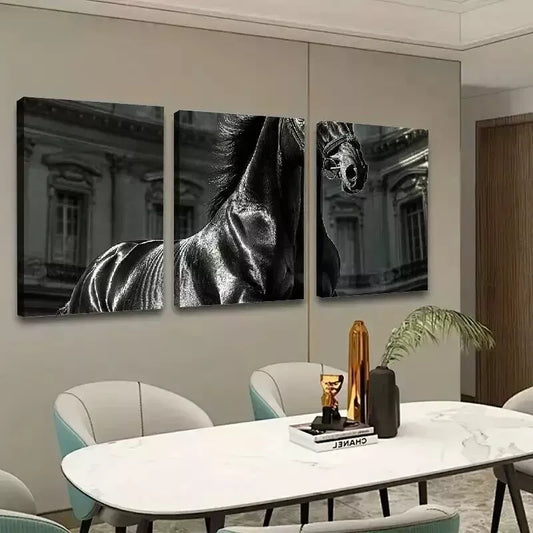 3pcs Black Horse Black & White Photograph Wall Art Set Canvas Framed 50x70cm - High Quality Print 100% Australian Made Wall Canvas Ready to Hang