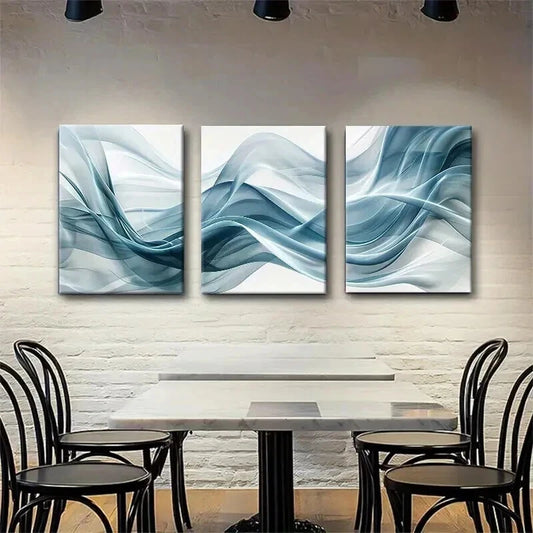 3pcs Abstract Wave Flowing Blue White Perfect Wall Art Set Canvas Framed 50x70cm - High Quality Print 100% Australian Made Wall Canvas Ready to Hang