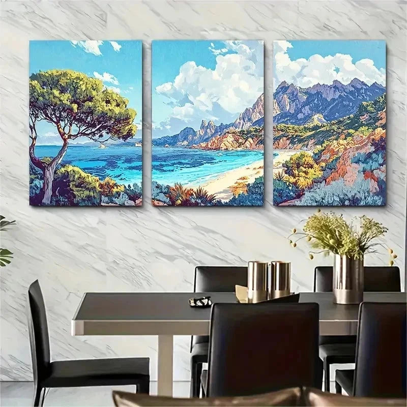 3pcs Sardinian Beach & Mountain Landscape Wall Art Set Canvas Framed 50x70cm - High Quality Print 100% Australian Made Wall Canvas Ready to Hang