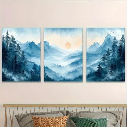 3pcs Japanese Misty Mountains With Sunrise Wall Art Set Canvas Framed 60x90cm - High Quality Print 100% Australian Made Wall Canvas Ready to Hang
