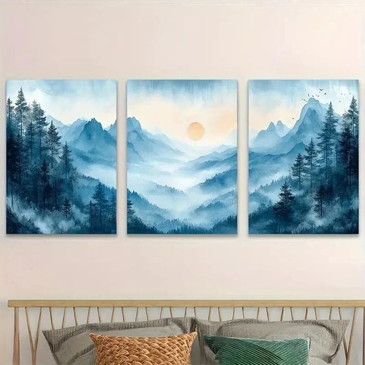 3pcs Japanese Misty Mountains With Sunrise Wall Art Set Canvas Framed 60x90cm - High Quality Print 100% Australian Made Wall Canvas Ready to Hang