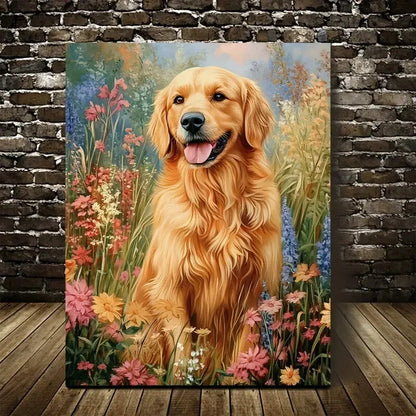 Beautiful Golden Retriever Dog Vibrant Floral  40x60cm Metal Print Ready to Hang - Bella Home Decor