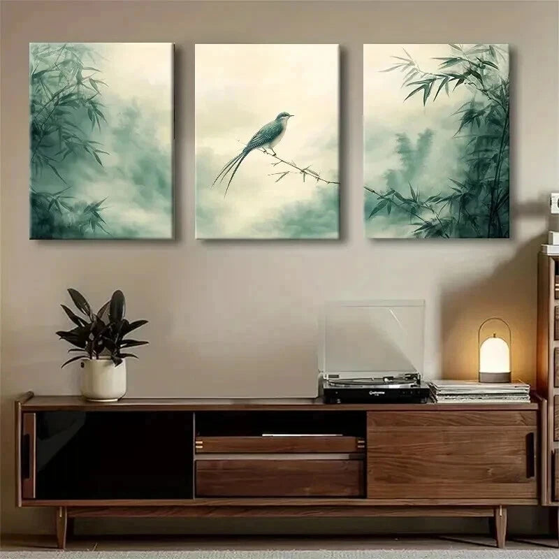 3pcs Serene Bamboo and Bird Nature Perfect Wall Art Set Canvas Framed 60x90cm - High Quality Print 100% Australian Made Wall Canvas Ready to Hang - Bella Home Decor