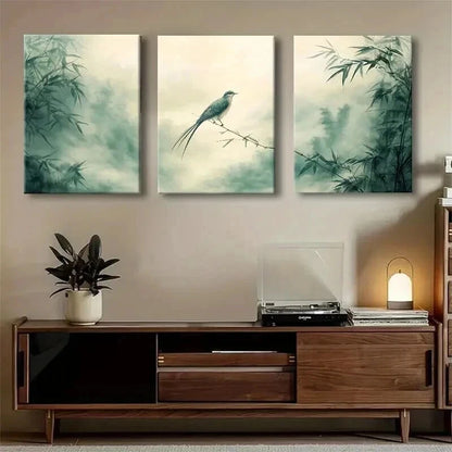 3pcs Serene Bamboo and Bird Nature Perfect Wall Art Set Canvas Framed 60x90cm - High Quality Print 100% Australian Made Wall Canvas Ready to Hang - Bella Home Decor
