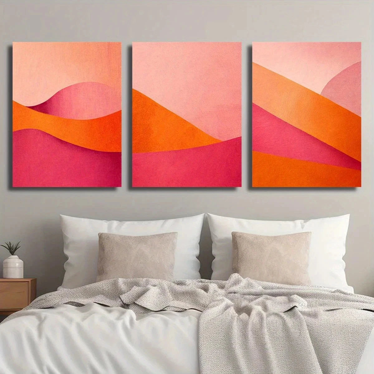 3pcs Vibrant Pink & Orange Abstract Color Field Metal Print Ready to Hang Art