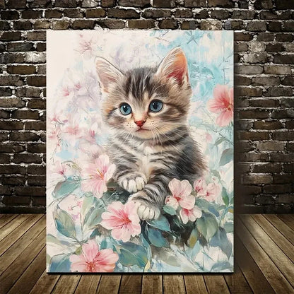 Flowers And Plants Cute Tabby Kitten Painting 40x60cm Metal Print Ready to Hang