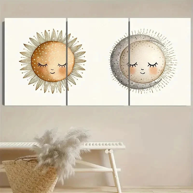 3pcs Cute & Classy Neutral Nursery Sun and Moon Wall Art Set Canvas Framed 50x70cm - High Quality Print 100% Australian Made Wall Canvas Ready to Hang - Bella Home Decor