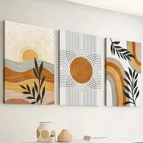 3pcs abstract line leaf sun print, bohemian Wall Art Canvas Unframed - High Quality Print 100% Australian Made Wall Canvas - Bella Home Decor