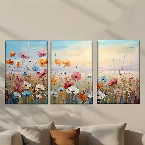 3pcs Painting of Flowers in a Field Wall Art Canvas Unframed - High Quality Print 100% Australian Made Wall Canvas