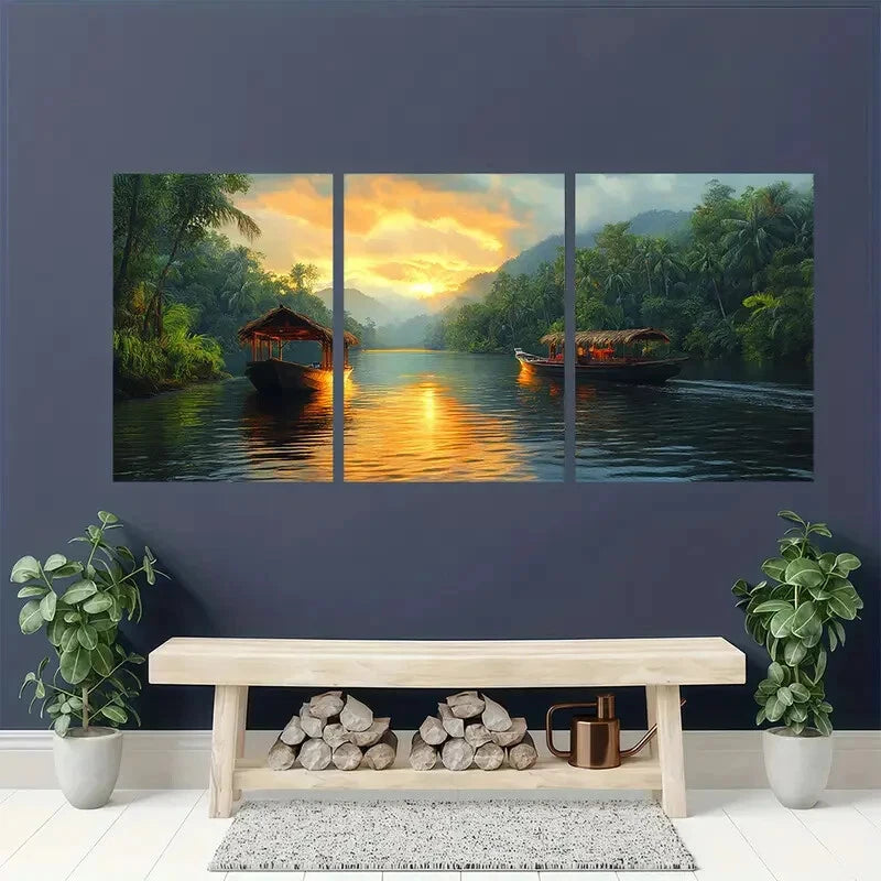 3pcs Tropical Thailand Watercolor Landscape Metal Print Ready to Hang Art - Bella Home Decor