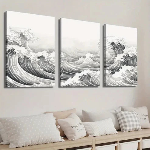 3pcs Black and White Japanese Ocean Wave Wall Art Set Canvas Unframed - High Quality Print 100% Australian Made Wall Canvas - Bella Home Decor