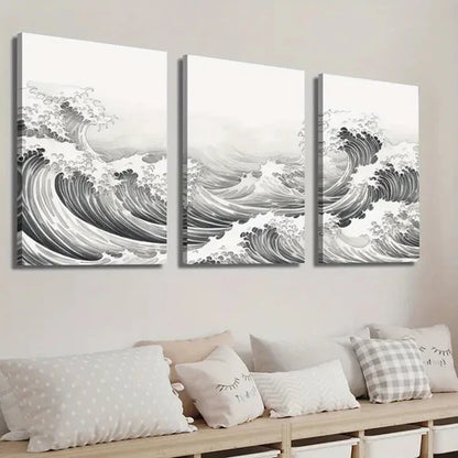 3pcs Black and White Japanese Ocean Wave Wall Art Set Canvas Unframed - High Quality Print 100% Australian Made Wall Canvas - Bella Home Decor
