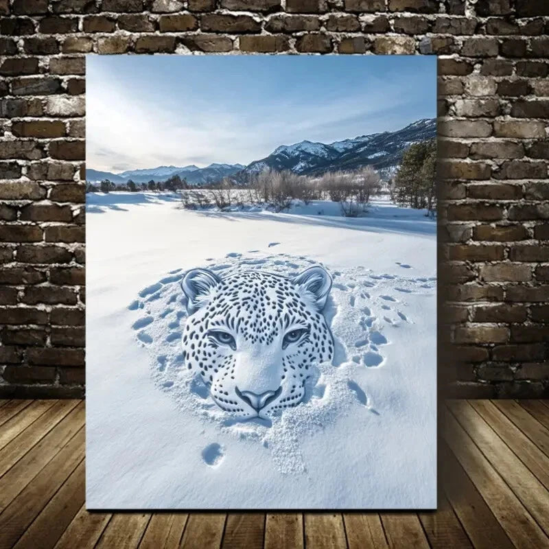 Beautiful Contemporary Leopard in Snow Painting 40x60cm Metal Print Ready to Hang - Bella Home Decor