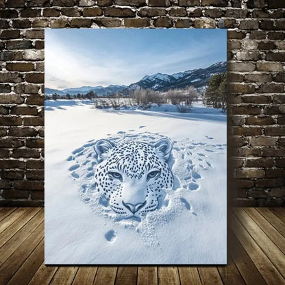 Beautiful Contemporary Leopard in Snow Painting 40x60cm Metal Print Ready to Hang - Bella Home Decor